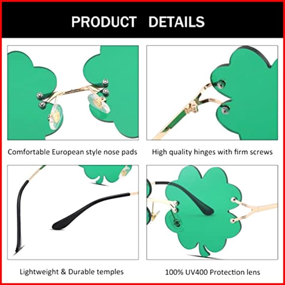 St. Patrick\'s Day Shamrock Sunglasses, UV400 Protection, Metal Frame